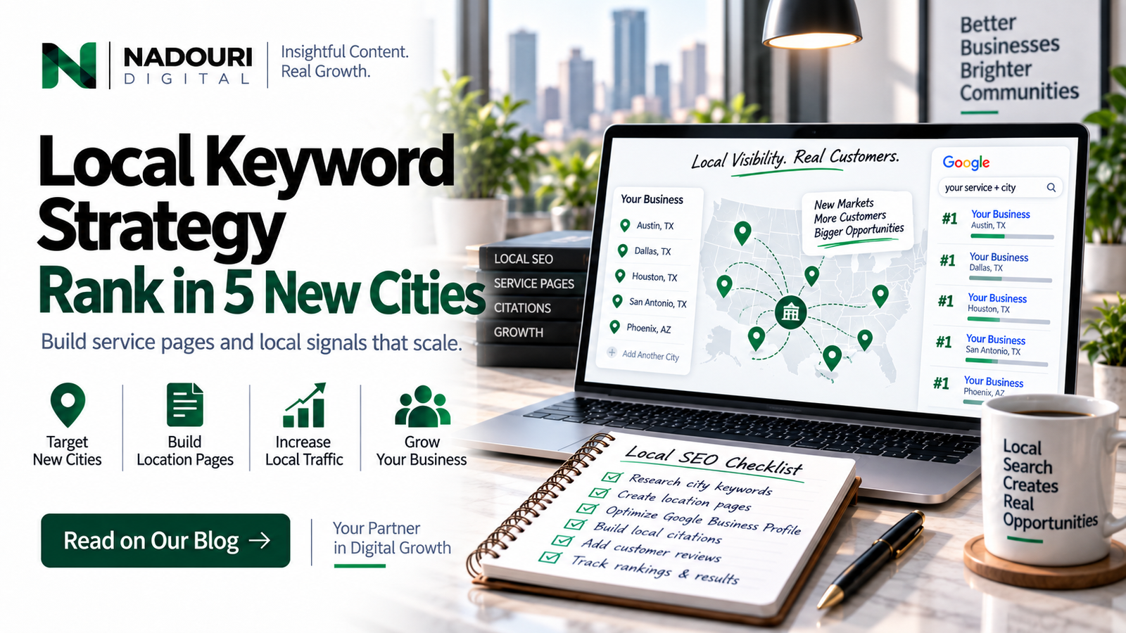 Local keyword strategy for ranking in every city you serve - Nadouri Digital